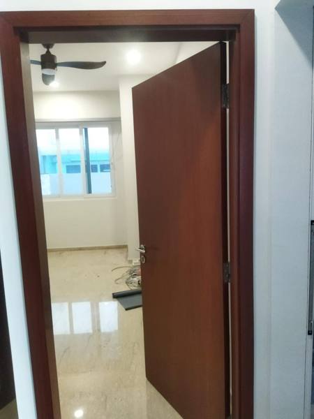 Condo bedroom door varnished